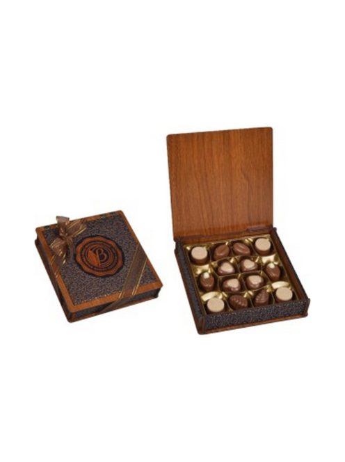 Bolci praline asortate  cu cutie maro din lemn și piele - 175g